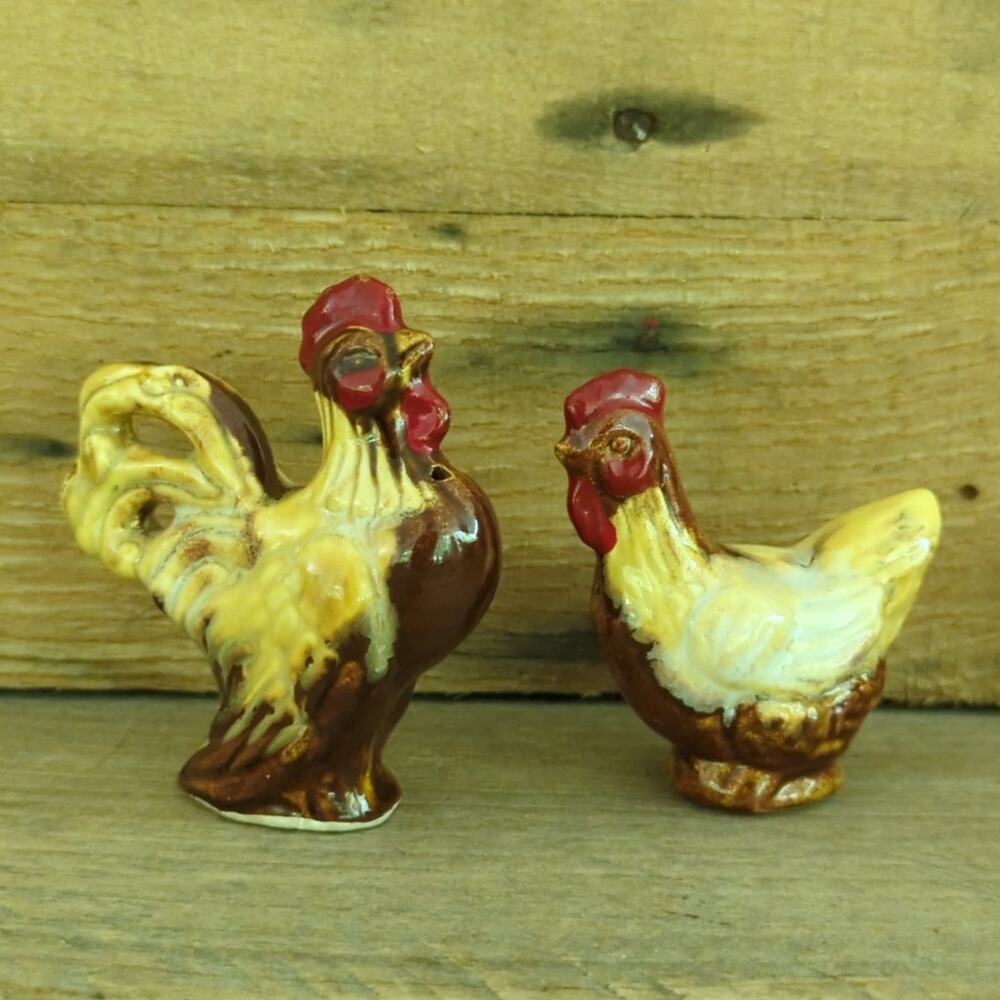 Vintage Brown Drip Ceramic Hen and Rooster Salt and Pepper Shakers